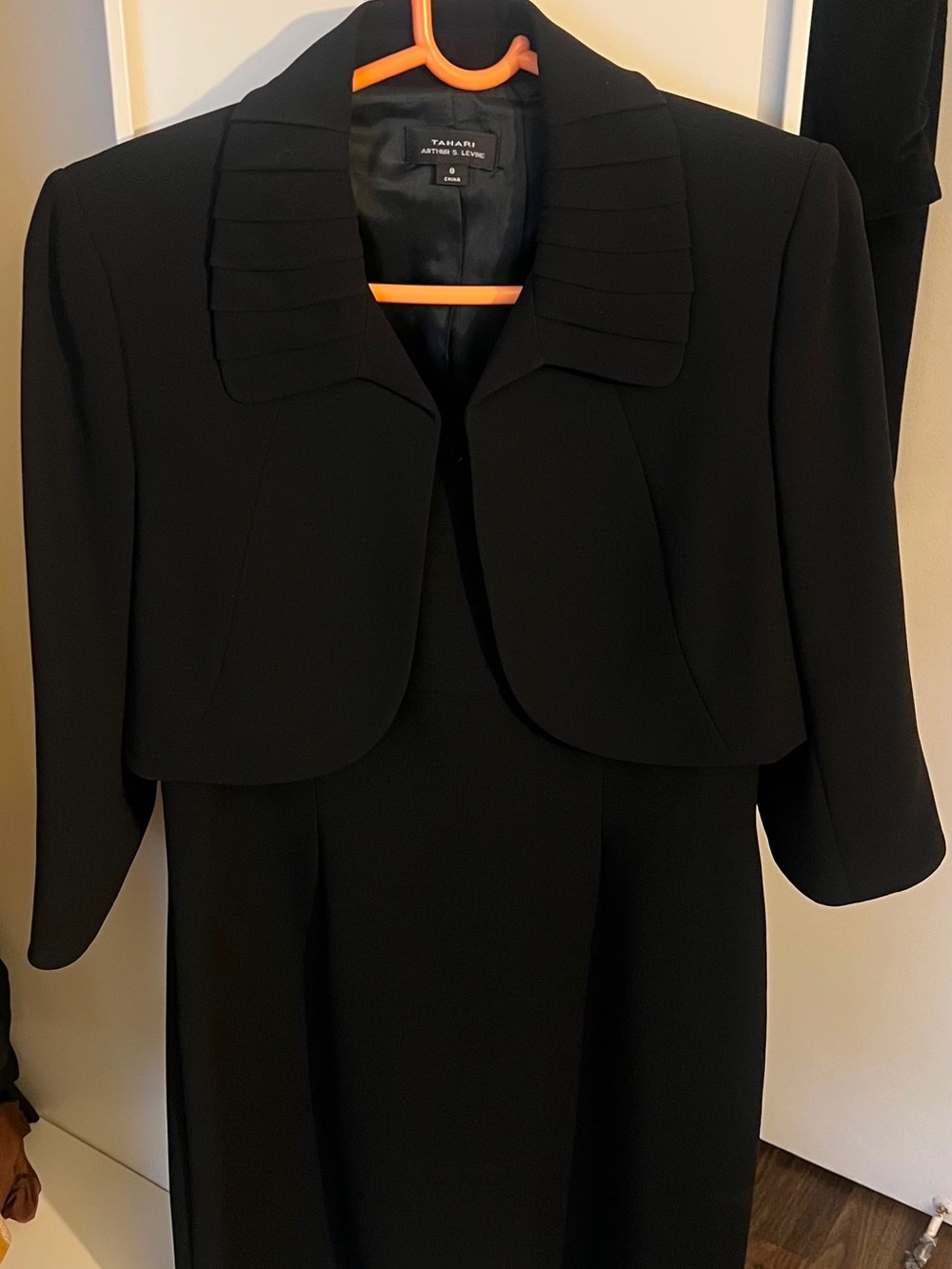 Tahari Black Cropped Blazer with Pleated Collar and dress
